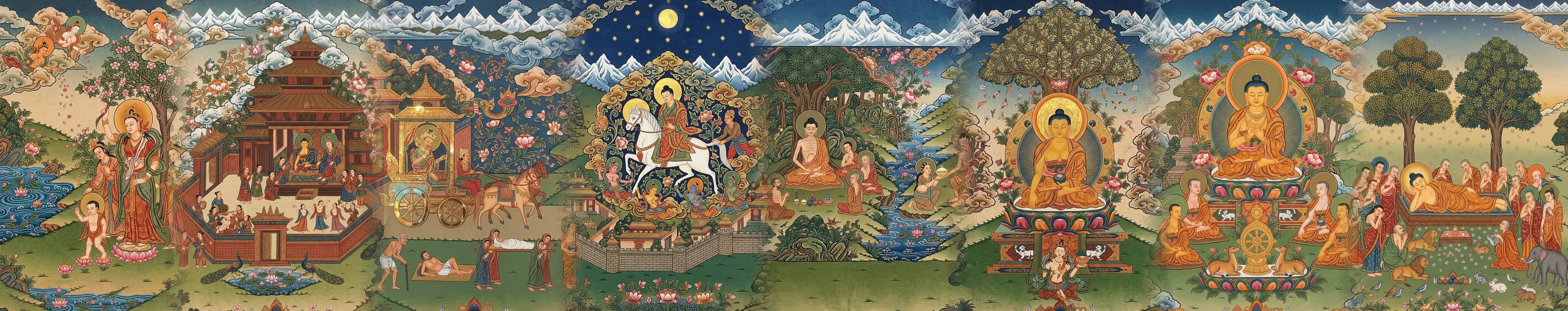 The life of the Buddha painted as a Nepali paubha thangka: his birth in Lumbini, palace life in Kapilavastu, the four sights, the great departure, the ascetic years, enlightenment under the Bodhi tree, the first sermon at Sarnath, and his parinirvāṇa at Kushinagar