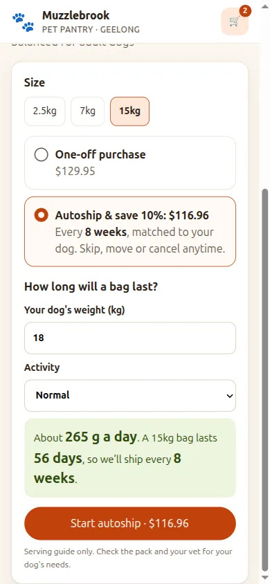 Product page with autoship selected and a feeding calculator showing a bag lasts 56 days