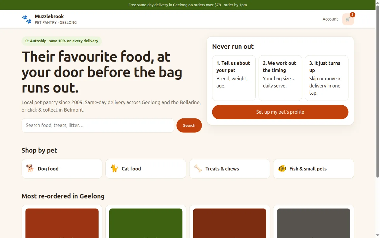 Muzzlebrook Pet Pantry homepage on desktop: autoship offer, search and the never-run-out steps