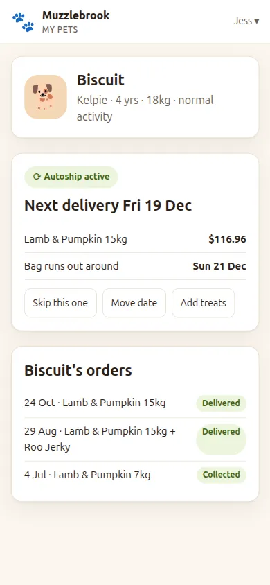 Pet profile for Biscuit the Kelpie with the next autoship date and skip or move options