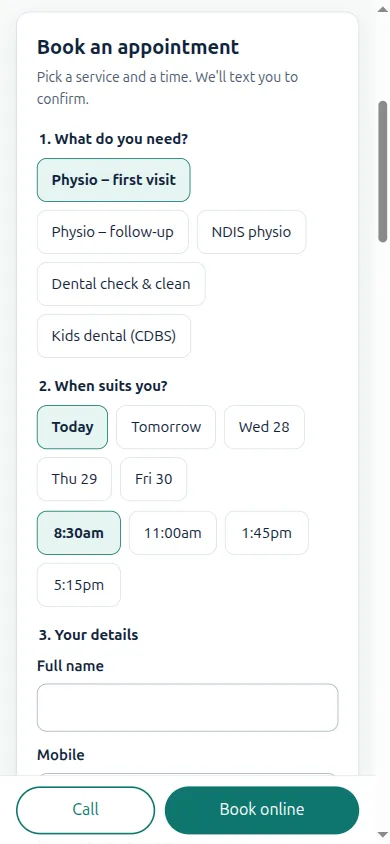 Booking card: choose a service, a day and a time