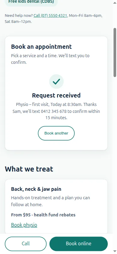Booking confirmed with an SMS confirmation promised