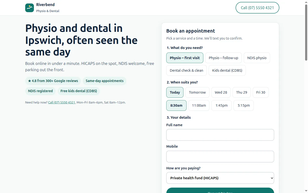 The redesigned clinic site on desktop: headline and trust badges on the left, the booking card on the right