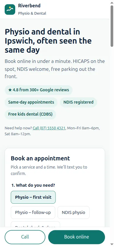 The redesigned clinic site on a phone: headline, trust badges, and a booking card on the first screen with Call and Book buttons fixed at the bottom