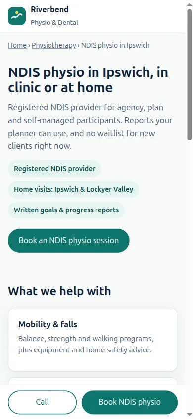 NDIS physio in Ipswich page: heading, trust badges and a Book button