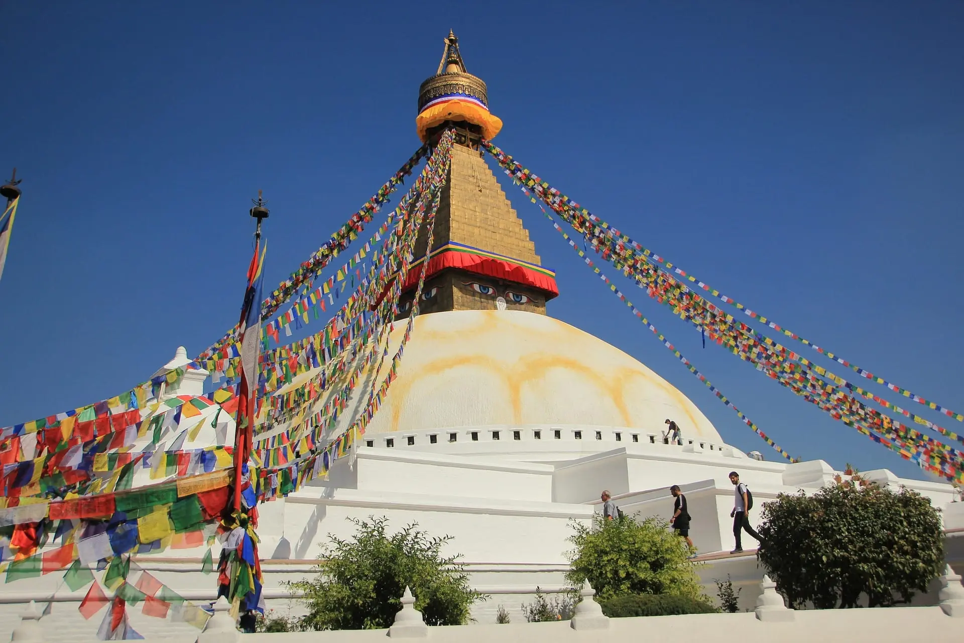 Boudhanath stupa in Kathmandu, strung with prayer flags