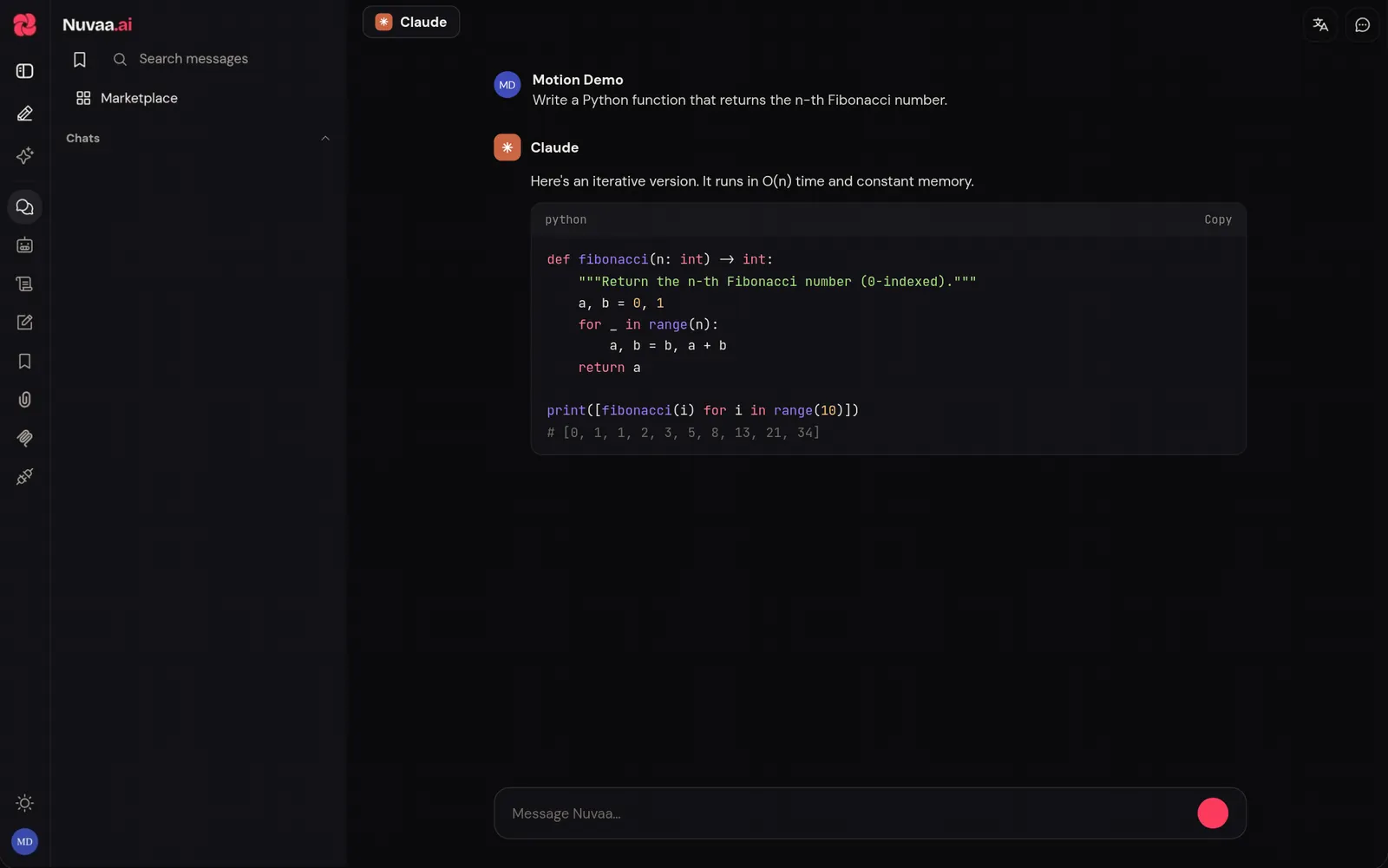 A chat where Claude answers with a Python Fibonacci function in a highlighted code block