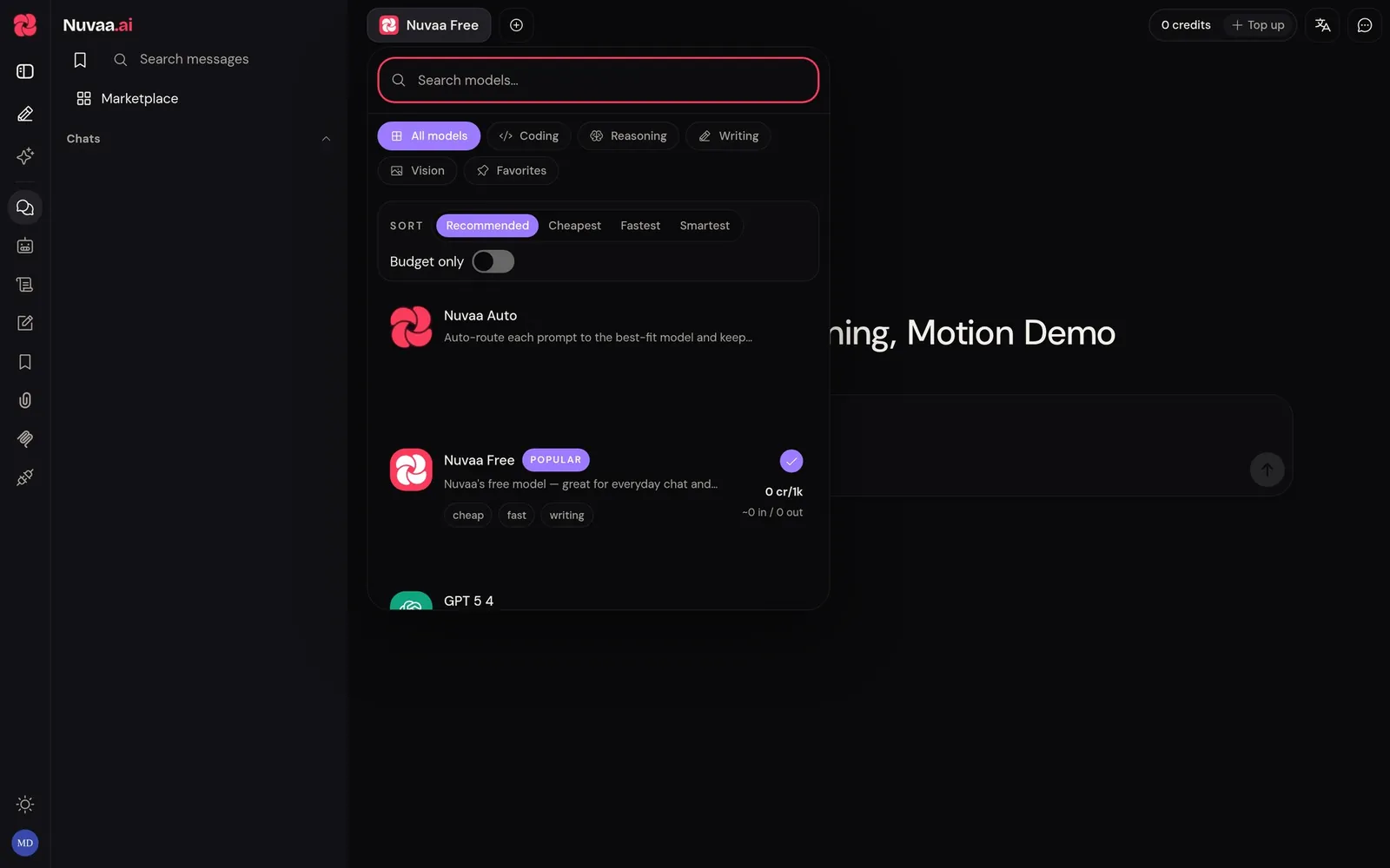The Nuvaa model picker open over a new chat, with search, category filters and Nuvaa Auto at the top