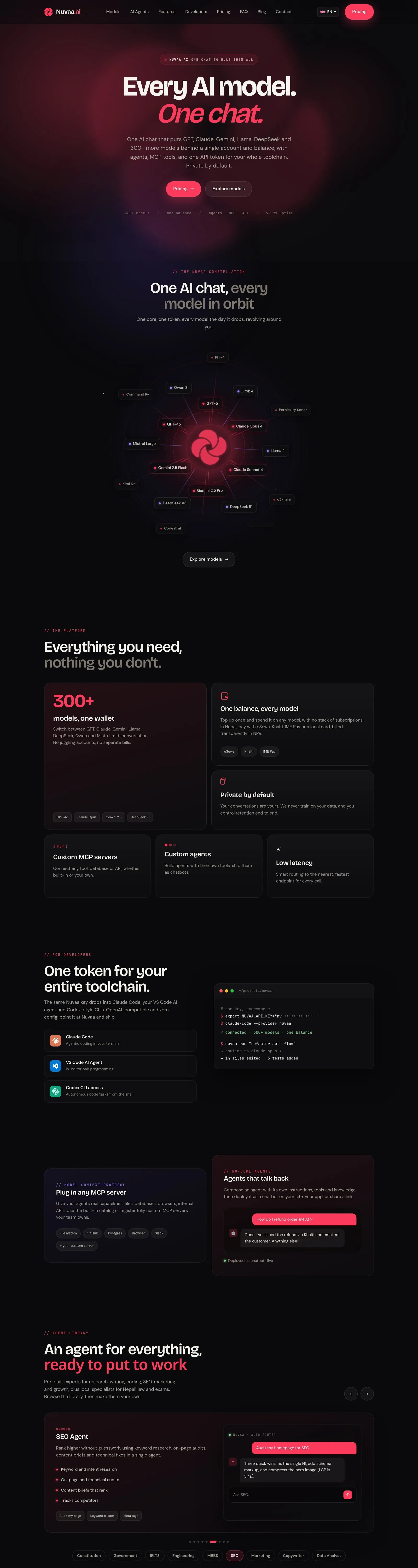 The Nuvaa AI homepage with the headline Every AI model. One chat. and sections for models, agents and developer tools
