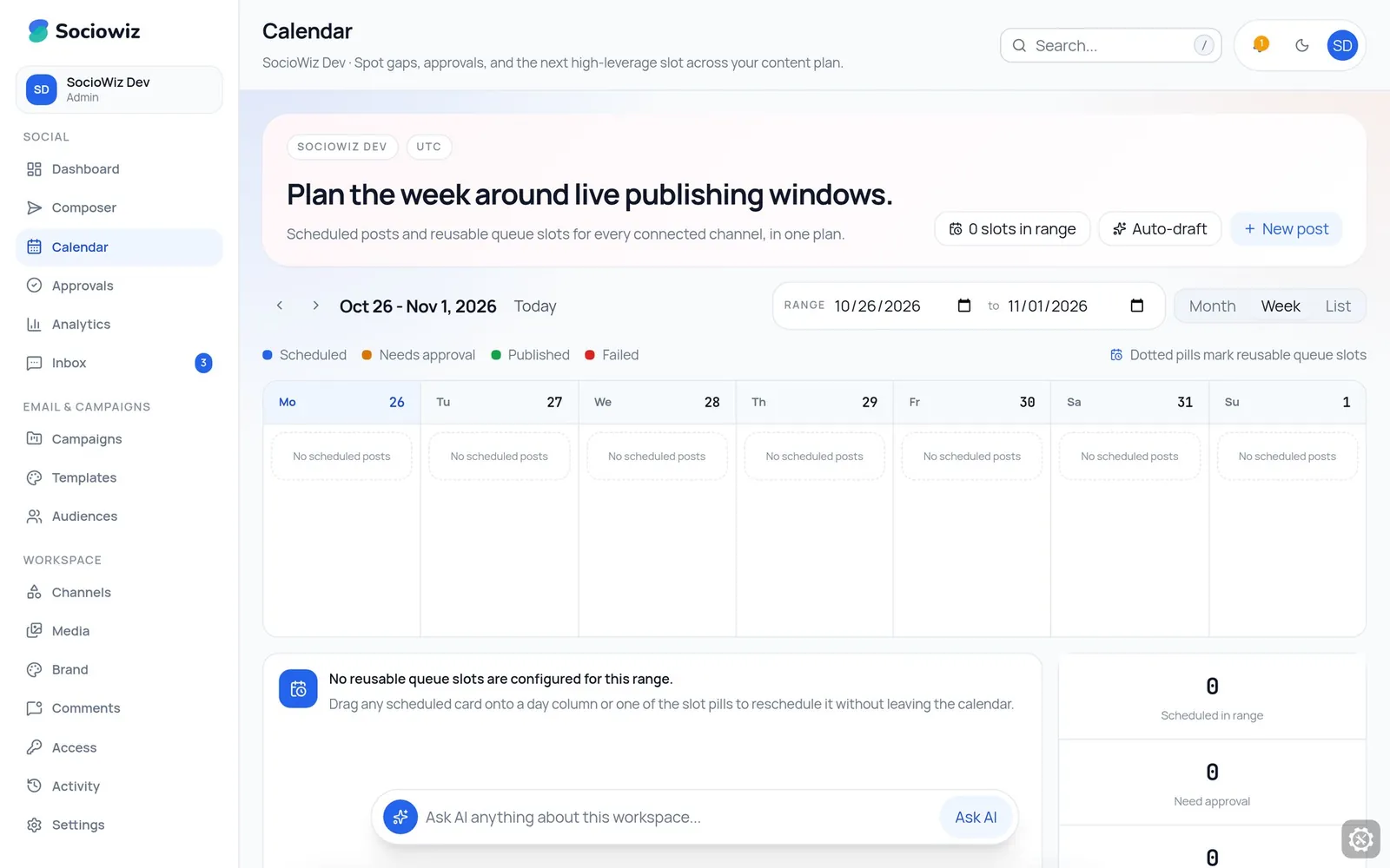 The content calendar showing scheduled posts across a month