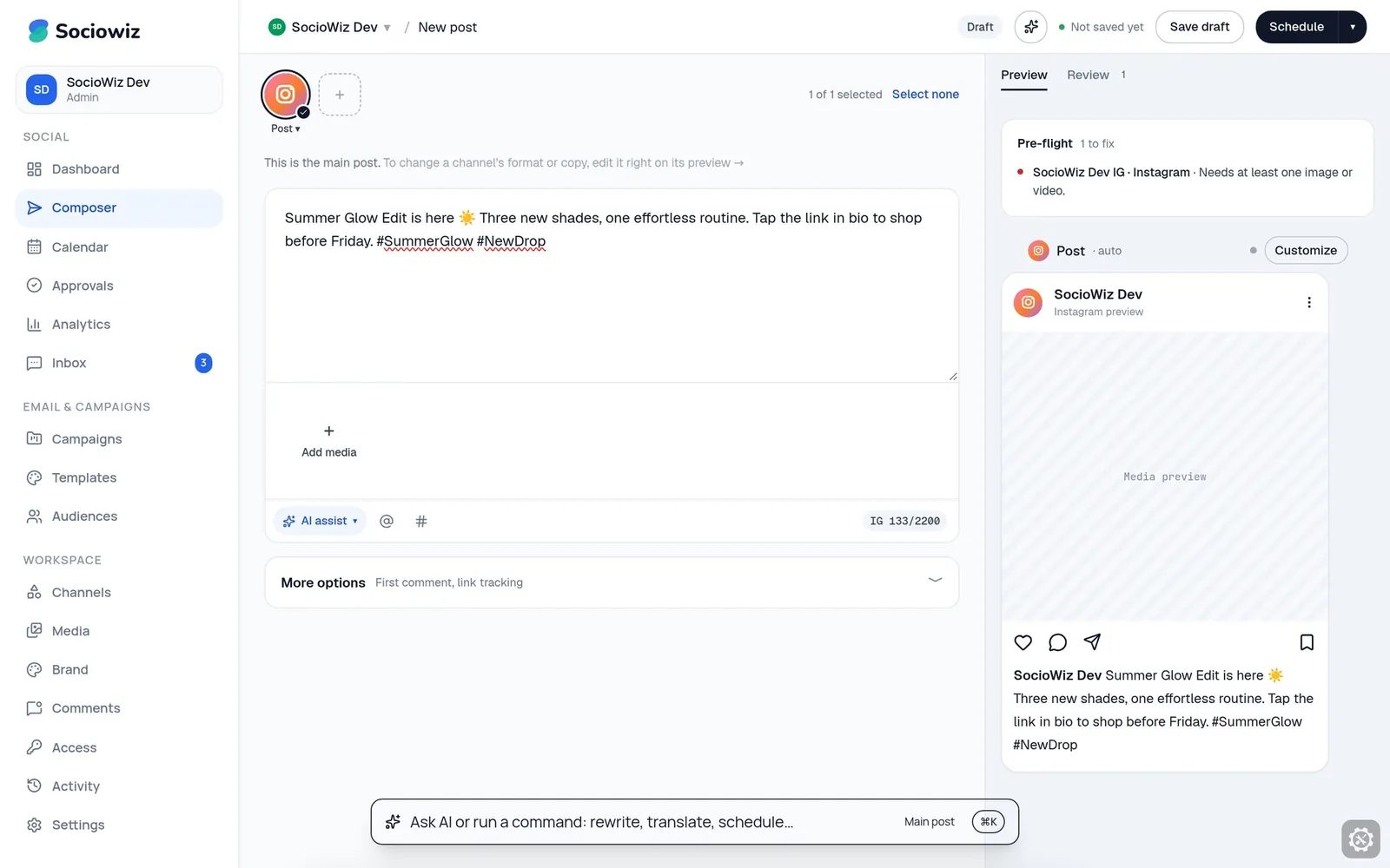 The post composer with a caption being written and a live Instagram preview