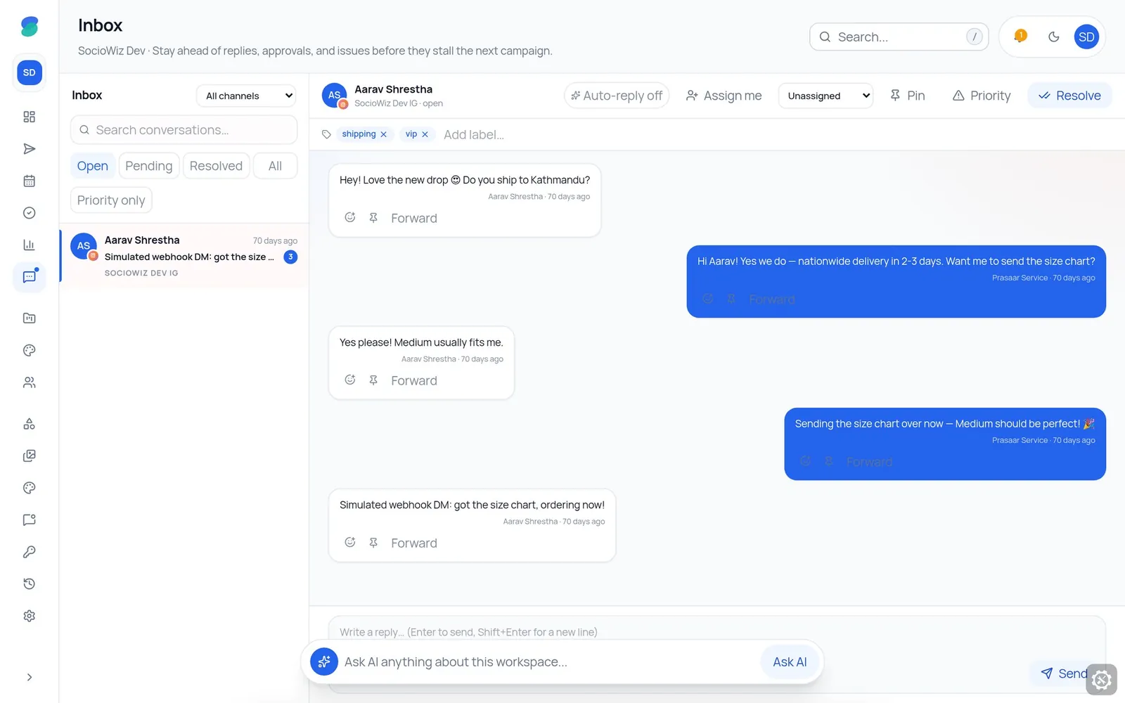 The unified inbox with a conversation open and a reply being drafted