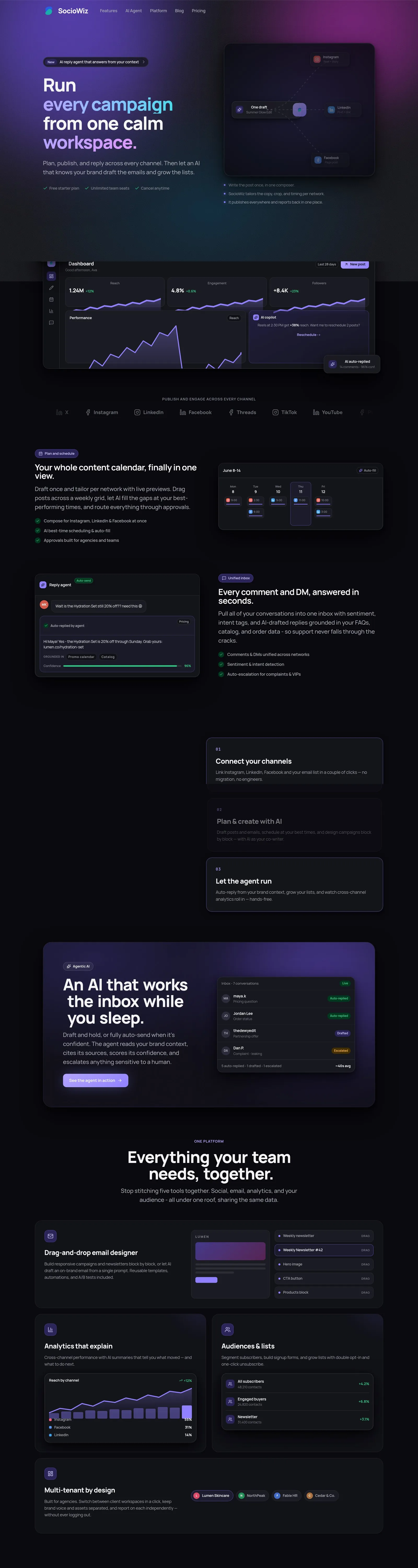 The SocioWiz homepage with the headline Run every campaign from one calm workspace