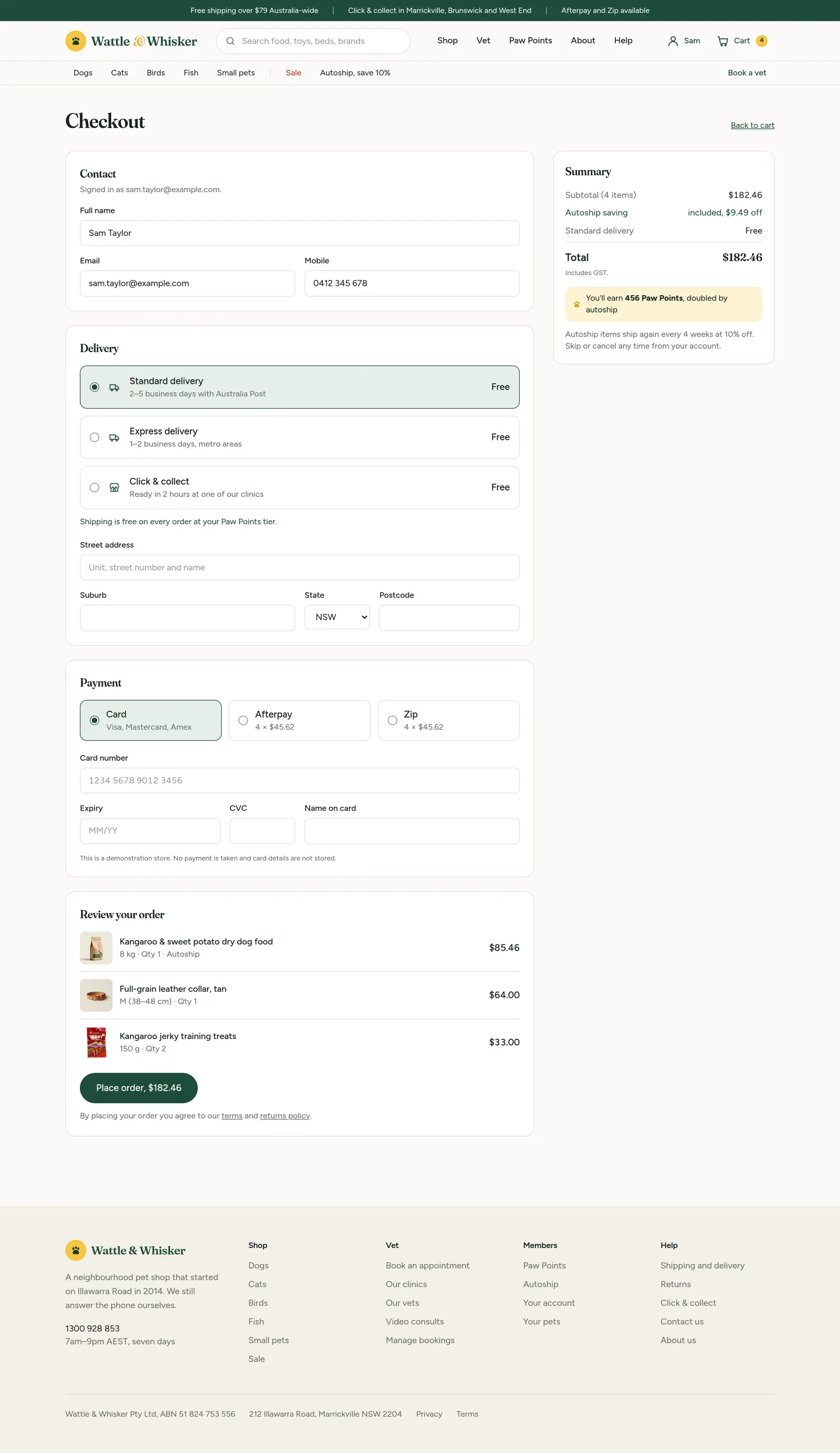 The checkout page with delivery options, payment choices and an order summary