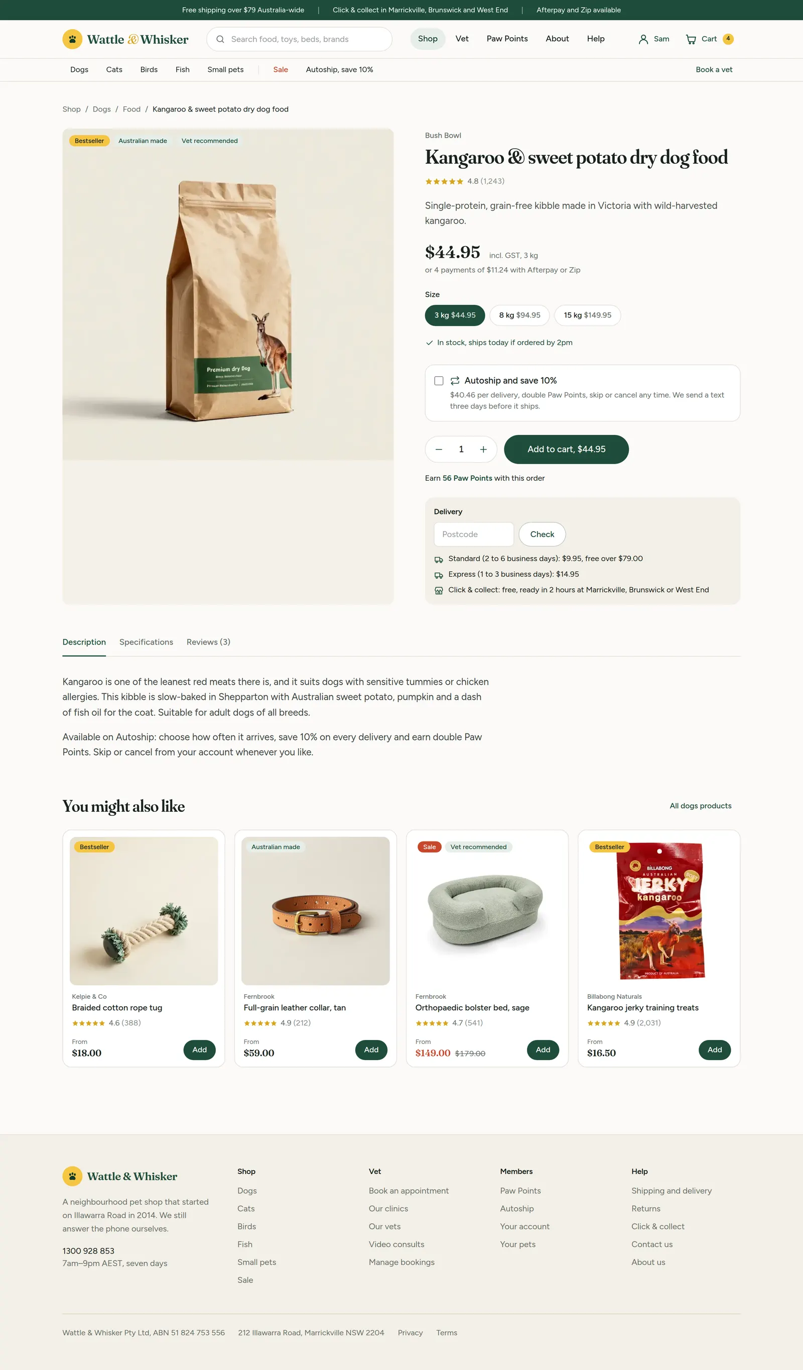 A dog food product page with size options, an autoship toggle and a delivery estimate