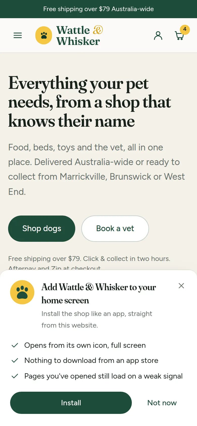 The shop on a phone offering to add itself to the home screen, with an Install button