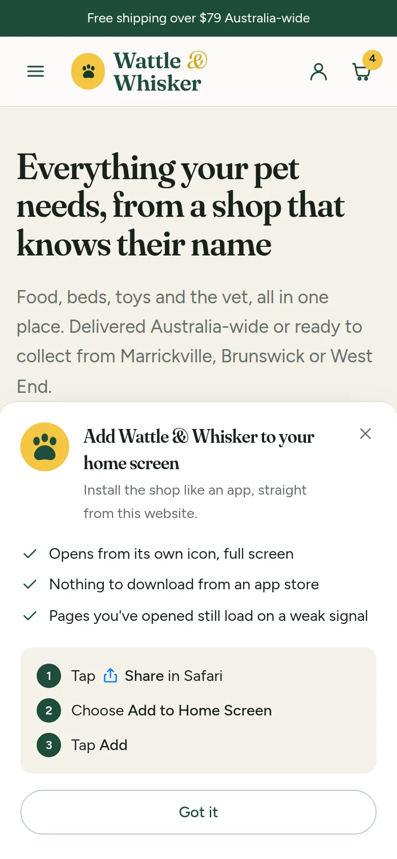 The shop on an iPhone showing the Share then Add to Home Screen steps