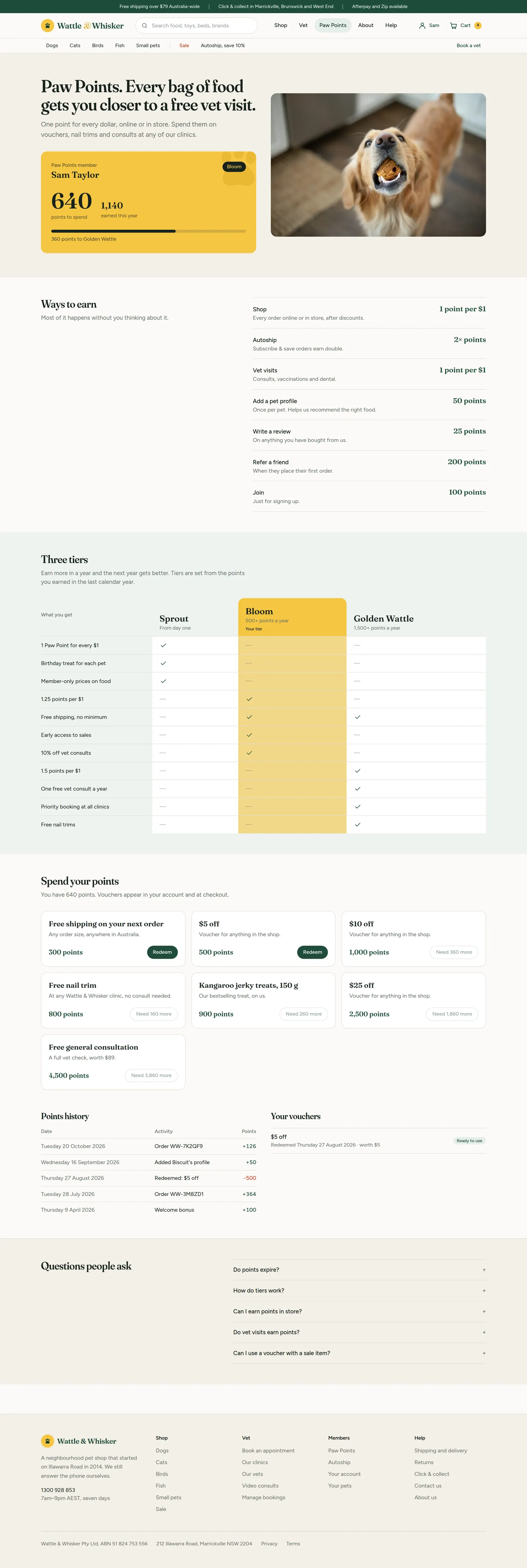The Paw Points page with a yellow member card, ways to earn and the tier table