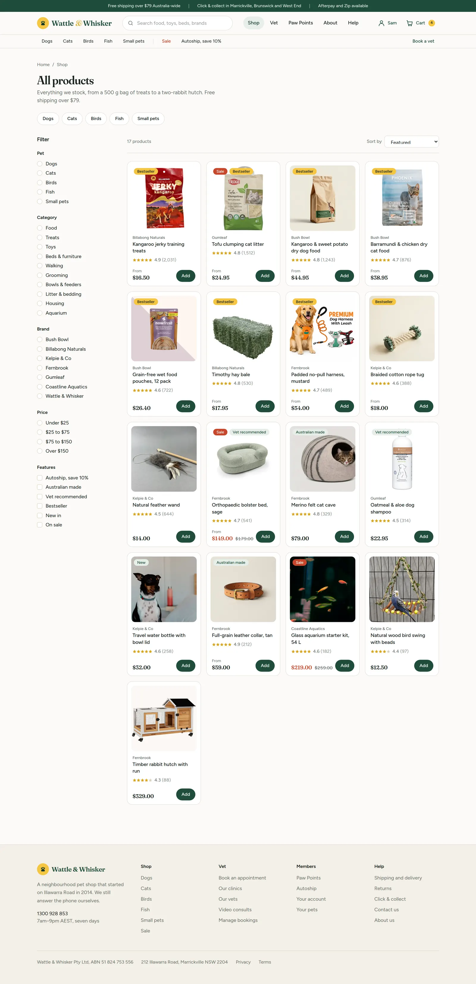 The Wattle & Whisker catalogue with filters on the left and a grid of products