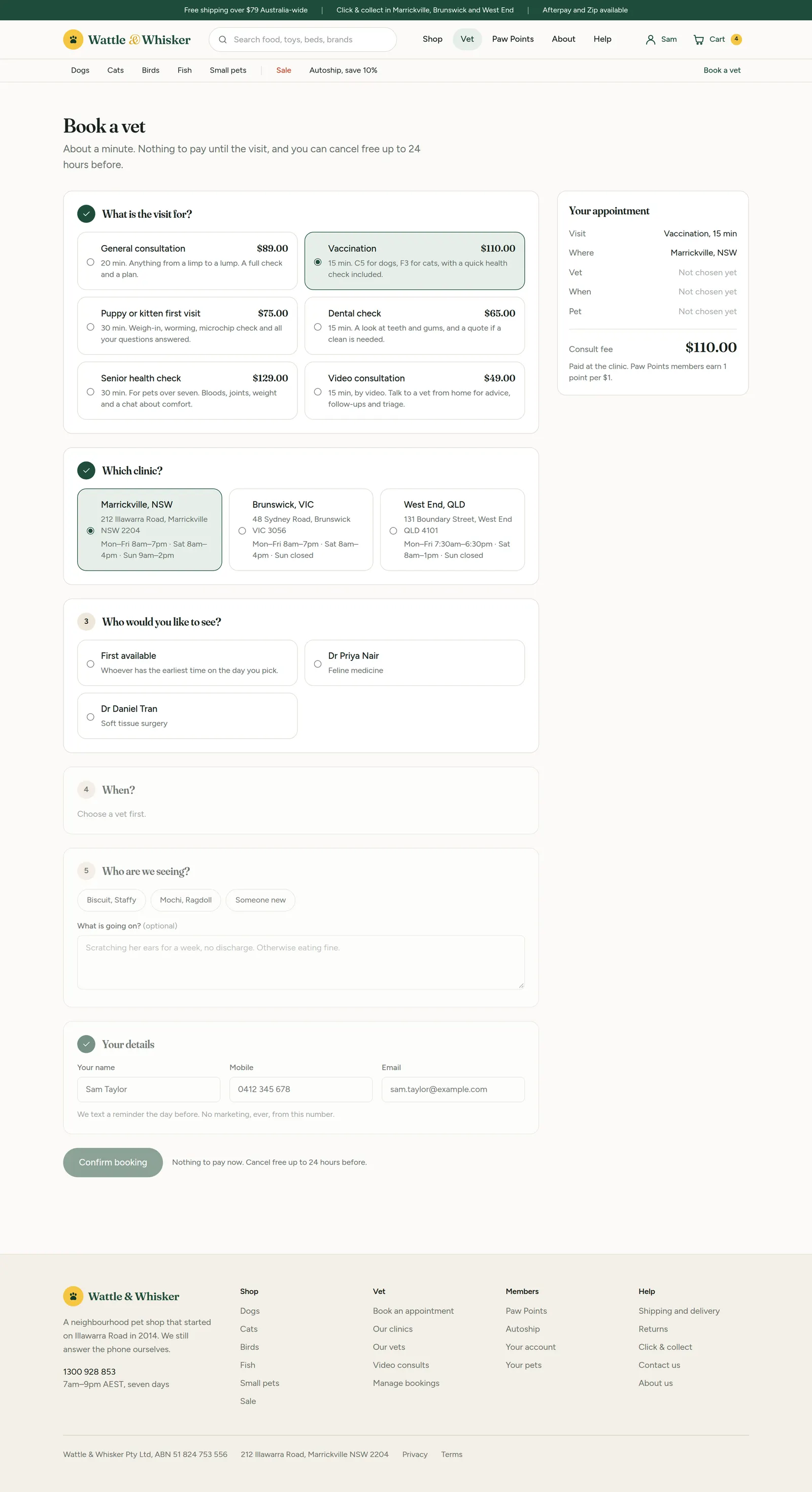 The vet booking form with service, clinic and vet steps and a summary panel